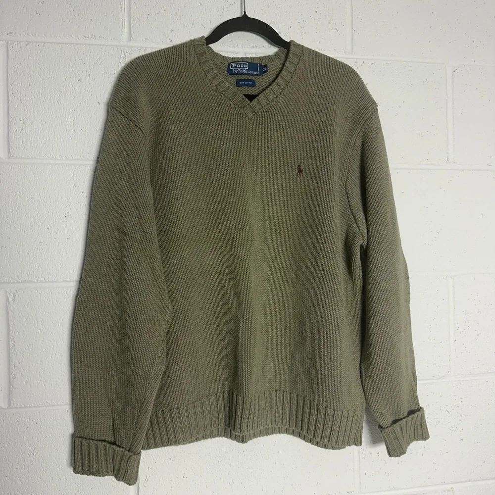 Polo Ralph Lauren Mens XL Olive Green V-Neck 100% Cotton Shaker Knit Sweater